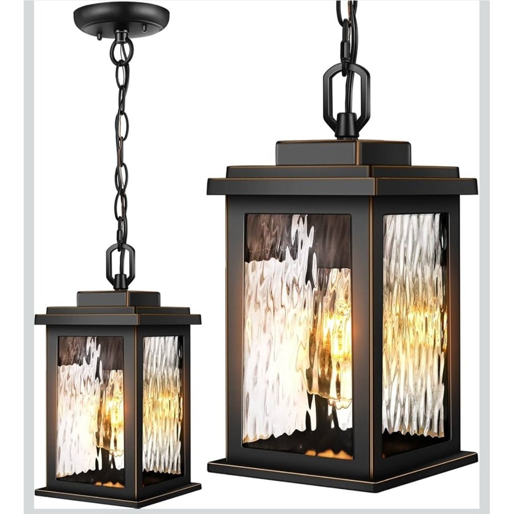 Vianis Outdoor Hanging Lantern Black Gold‎ Trim Water Ripple Glass Pendant Light